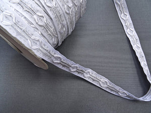 White and metallic Silver Woven Jacquard Ribbon 14mm